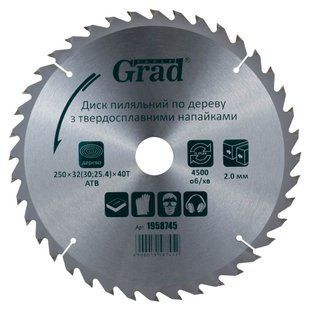Диск пильный по дереву с твердосплавными напайками 250&times;32(30;25.4)&times;40T GRAD (1958745) 1958745 фото