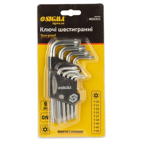 Ключи TORX 9шт T10-T50 мм CrV (короткие с отверстием) SIGMA (4022211) 4022211 фото