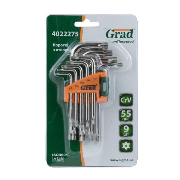 Ключі TORX 9шт T10-T50мм CrV (короткі з отвір) GRAD (4022275) 4022275 фото