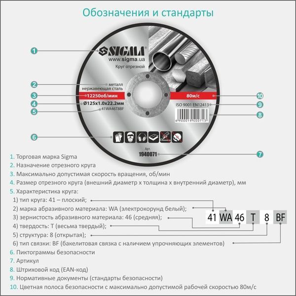 Коло відрізне по металу та нержавіючій сталі &Oslash;125&times;1.2&times;22.2мм, 12250об/хв SIGMA (1940081) 1940081 фото